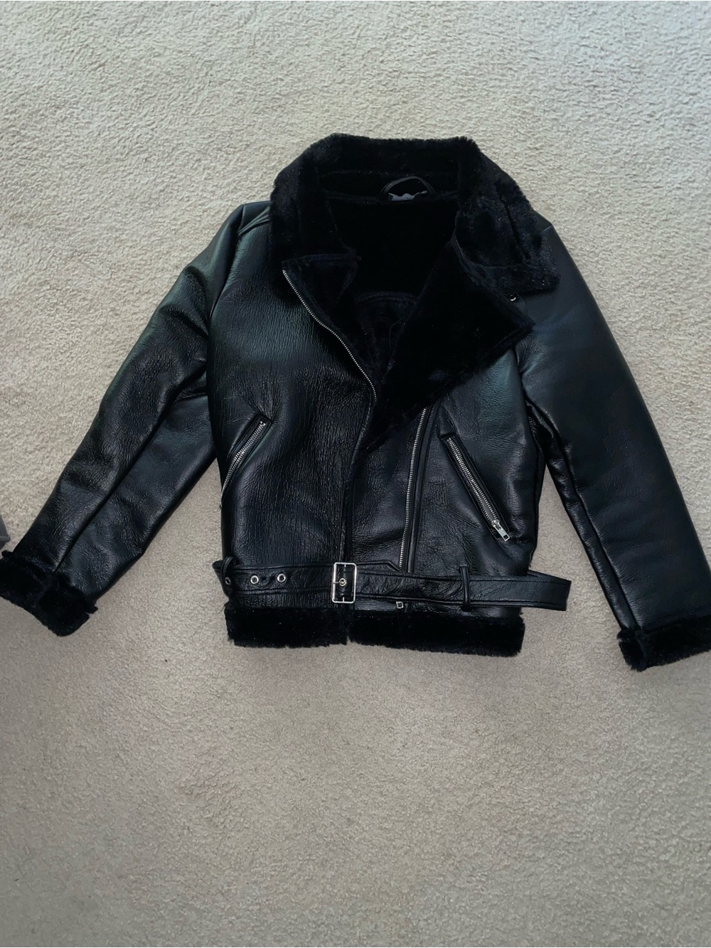 PrettyLittleThing Black Faux Leather Biker Jacket with Shearling Trim